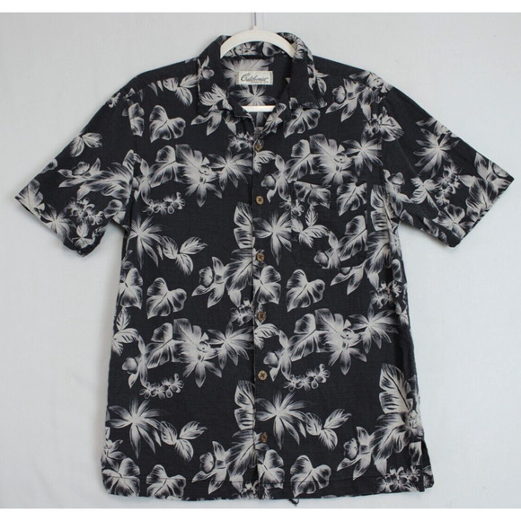 California Shirt Co Button Down Silk Men S Hawaiian Floral Gray Short Sleeve - Picture 1 of 10
